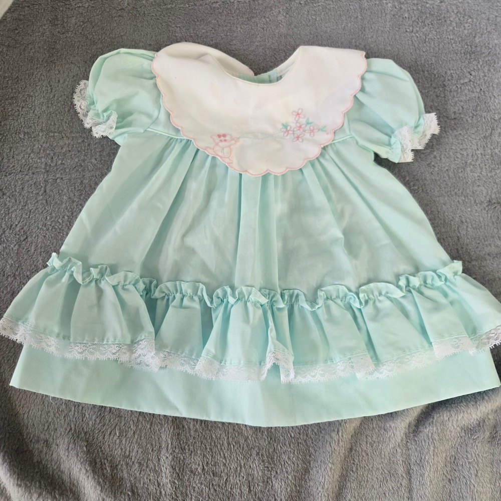 Vintage Alexis Baby Girl Mint Green Floral Embroidered Lace Ruffle Dress 9 Month